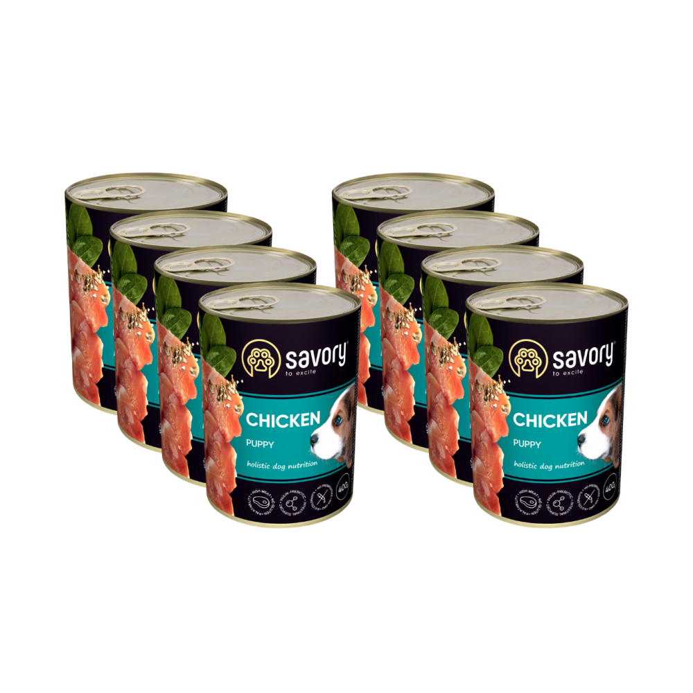 SAVORY KARMA MOKRA Z KURCZAKIEM DLA SZCZENIĄT WSZYSTKICH RAS OD 3 MIESIĄCA ŻYCIA 8x400 G