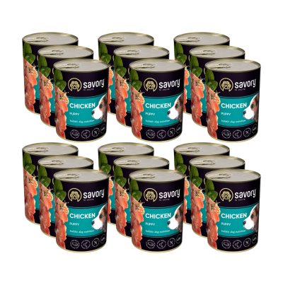 SAVORY KARMA MOKRA Z KURCZAKIEM DLA SZCZENIĄT WSZYSTKICH RAS OD 3 MIESIĄCA ŻYCIA 18x400 G