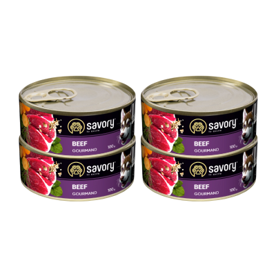 SAVORY PASZTET DLA WYBREDNYCH DOROSŁYCH PSÓW WSZYSTKICH RAS WOŁOWINA 4x100G