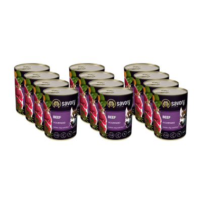 SAVORY KARMA MOKRA Z WOŁOWINĄ DLA WYBREDNYCH DOROSŁYCH PSÓW WSZYSTKICH RAS 12x400 G