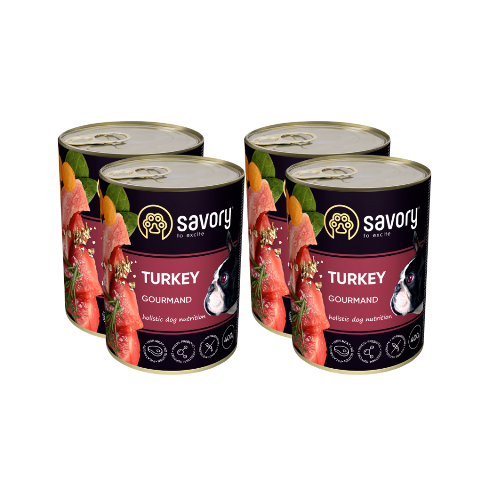 SAVORY KARMA MOKRA Z INDYKIEM DLA WYBREDNYCH PSÓW WSZYSTKICH RAS 4x400 G