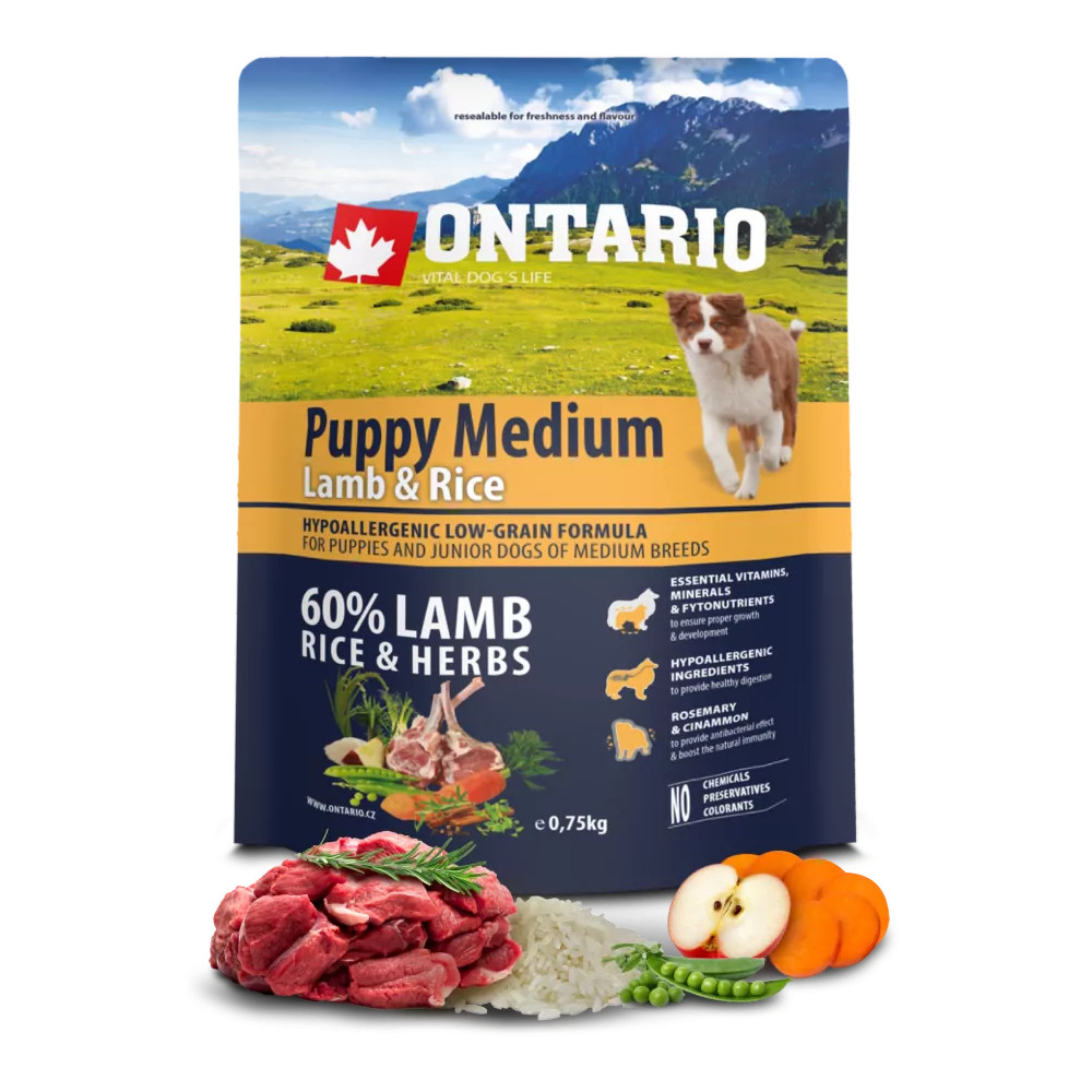 ONTARIO PUPPY MEDIUM LAMB & RICE 750G.