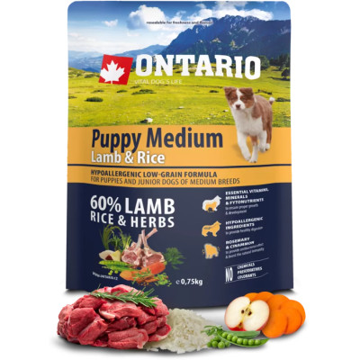 ONTARIO PUPPY MEDIUM LAMB & RICE 750G.