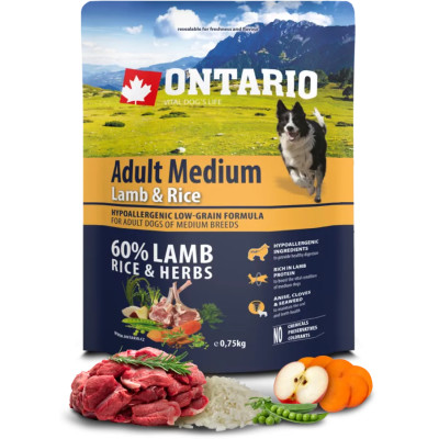 ONTARIO ADULT MEDIUM LAMB & RICE 750G.