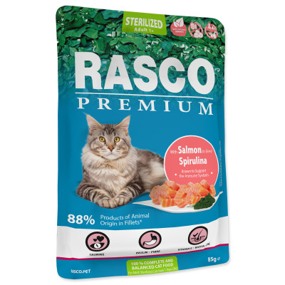 RASCO PREMIUM CAT STERILISED ŁOSOŚ I SPIRULINA W SOSIE 85G