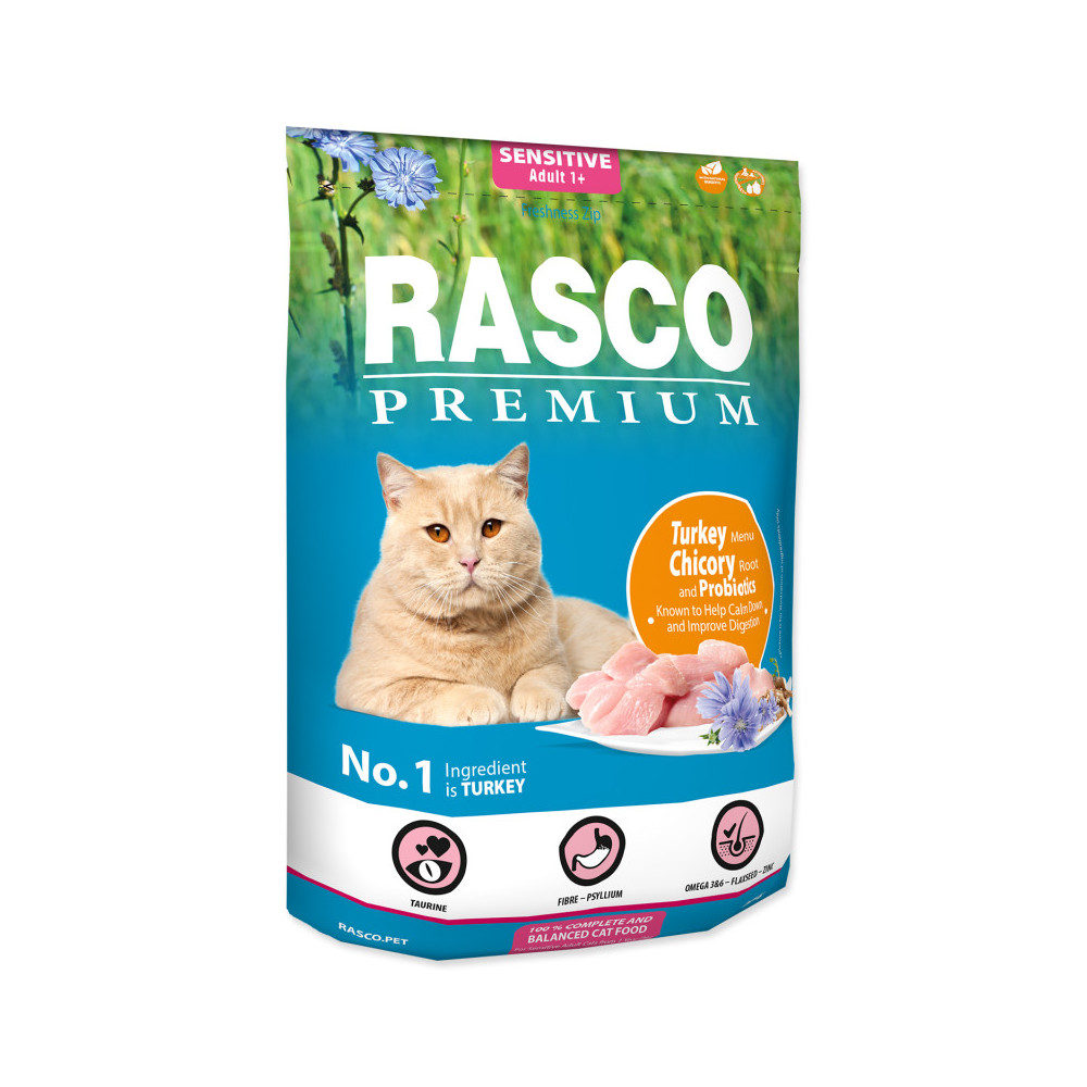 RASCO PREMIUM CAT SENSITIVE Z INDYKIEM, CYKORIĄ I PROBIOTYKIAMI 2KG